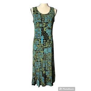 Coldwater Creek Midi Dress in 60s Inspired Green and Blue Floral Size Small